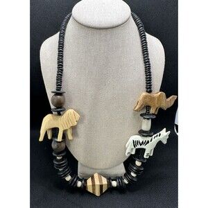 VTG Women’s Necklace African Hand Carved Large Wooden Safari Animals Beaded 30”